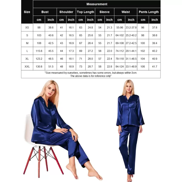 SWOMOG Long Sleeve Pajamas Set Silk Satin Sleepwear Button Down Pjs Loungewear with PocketNavy Blue