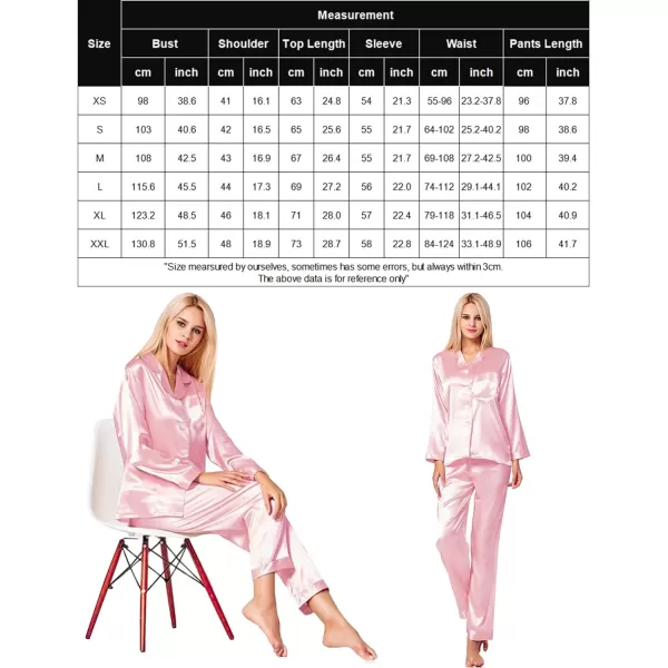 SWOMOG Long Sleeve Pajamas Set Silk Satin Sleepwear Button Down Pjs Loungewear with PocketPink