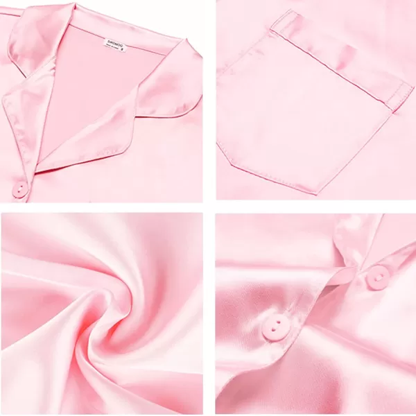 SWOMOG Long Sleeve Pajamas Set Silk Satin Sleepwear Button Down Pjs Loungewear with PocketPink