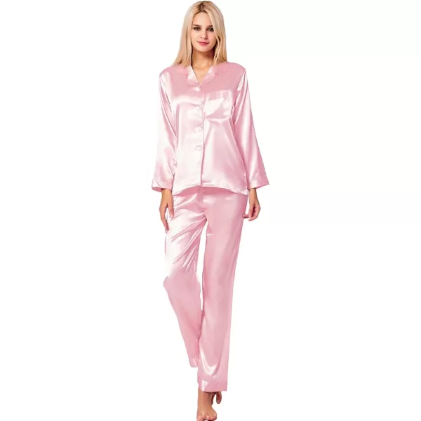 SWOMOG Long Sleeve Pajamas Set Silk Satin Sleepwear Button Down Pjs Loungewear with PocketPink