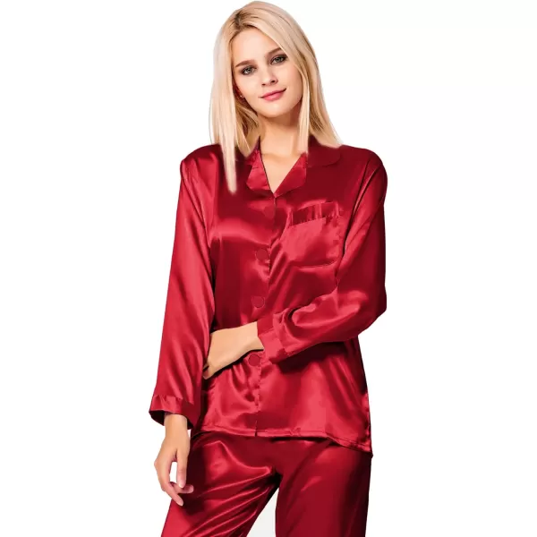 SWOMOG Long Sleeve Pajamas Set Silk Satin Sleepwear Button Down Pjs Loungewear with PocketRed