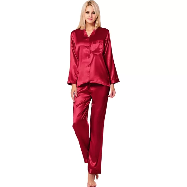 SWOMOG Long Sleeve Pajamas Set Silk Satin Sleepwear Button Down Pjs Loungewear with PocketRed