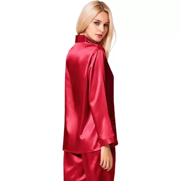 SWOMOG Long Sleeve Pajamas Set Silk Satin Sleepwear Button Down Pjs Loungewear with PocketRed