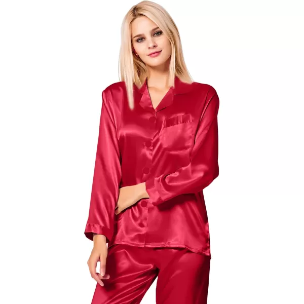 SWOMOG Long Sleeve Pajamas Set Silk Satin Sleepwear Button Down Pjs Loungewear with PocketRed1