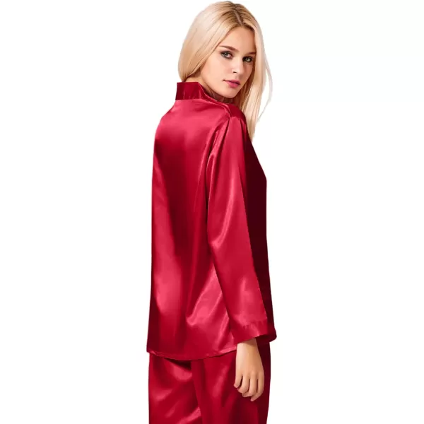 SWOMOG Long Sleeve Pajamas Set Silk Satin Sleepwear Button Down Pjs Loungewear with PocketRed1