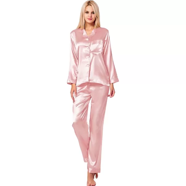 SWOMOG Long Sleeve Pajamas Set Silk Satin Sleepwear Button Down Pjs Loungewear with PocketSakura Pink