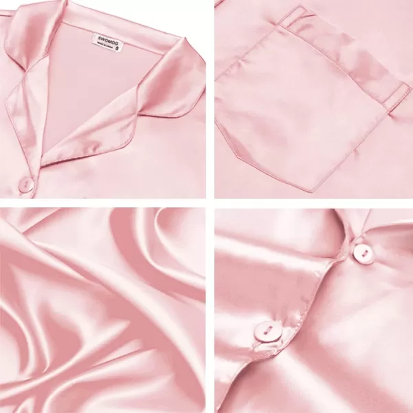 SWOMOG Long Sleeve Pajamas Set Silk Satin Sleepwear Button Down Pjs Loungewear with PocketSakura Pink