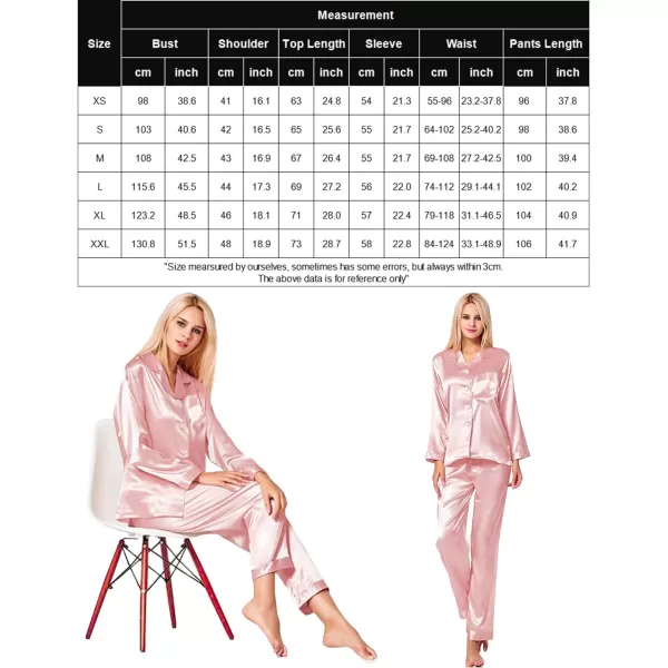 SWOMOG Long Sleeve Pajamas Set Silk Satin Sleepwear Button Down Pjs Loungewear with PocketSakura Pink