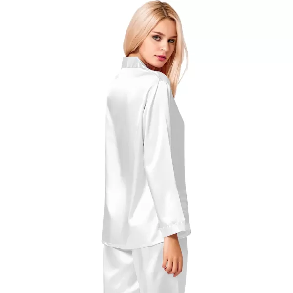 SWOMOG Long Sleeve Pajamas Set Silk Satin Sleepwear Button Down Pjs Loungewear with PocketWhite