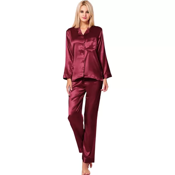 SWOMOG Long Sleeve Pajamas Set Silk Satin Sleepwear Button Down Pjs Loungewear with PocketWine Red