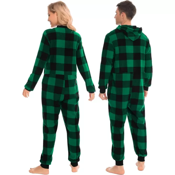 SWOMOG Matching Family Christmas One Piece Pajamas Fleece Onepiece ParentChild Zipup Jumpsuit with Pockets PjsKids Big Plaid Black and Green