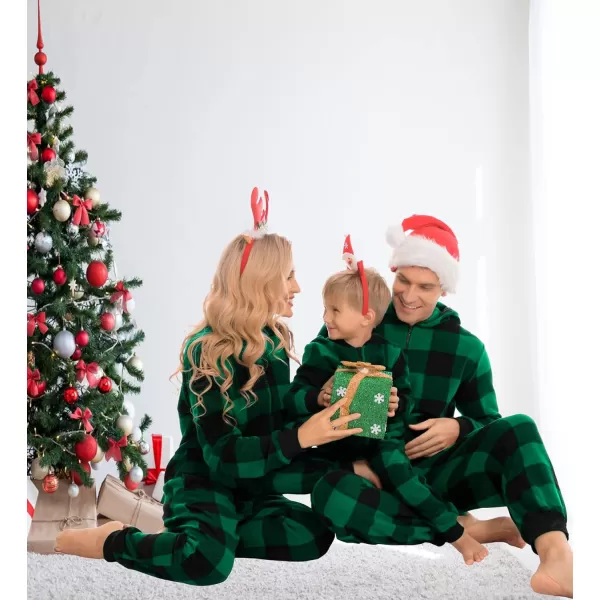 SWOMOG Matching Family Christmas One Piece Pajamas Fleece Onepiece ParentChild Zipup Jumpsuit with Pockets PjsKids Big Plaid Black and Green