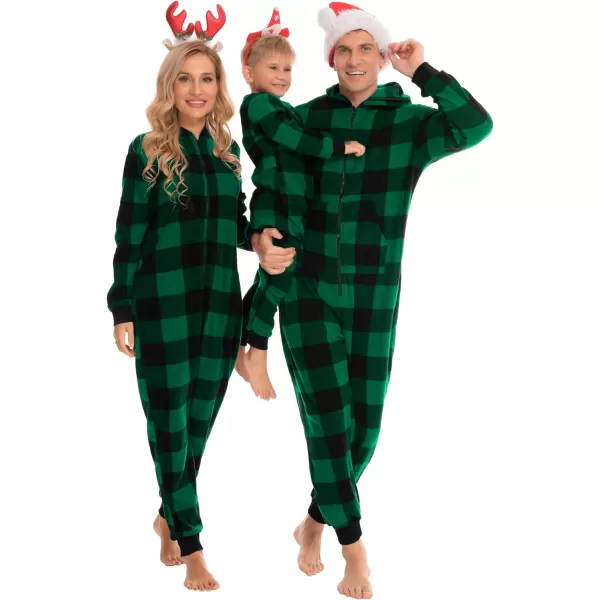 SWOMOG Matching Family Christmas One Piece Pajamas Fleece Onepiece ParentChild Zipup Jumpsuit with Pockets PjsKids Big Plaid Black and Green