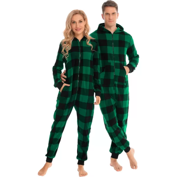 SWOMOG Matching Family Christmas One Piece Pajamas Fleece Onepiece ParentChild Zipup Jumpsuit with Pockets PjsKids Big Plaid Black and Green