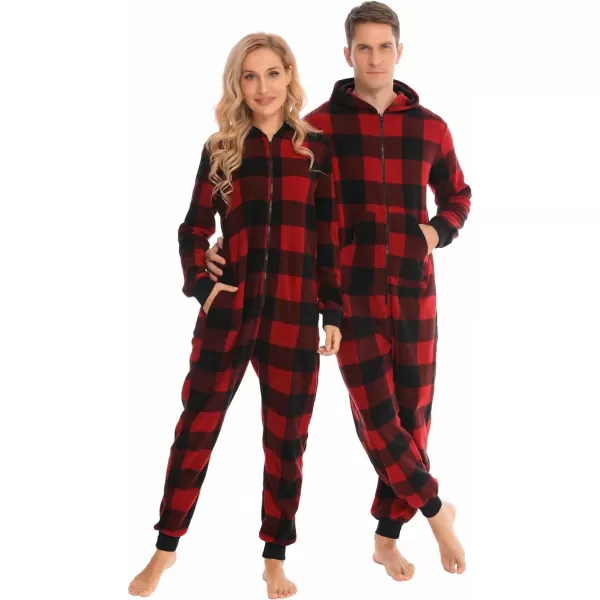 SWOMOG Matching Family Christmas One Piece Pajamas Fleece Onepiece ParentChild Zipup Jumpsuit with Pockets PjsKids Black and Red Plaid