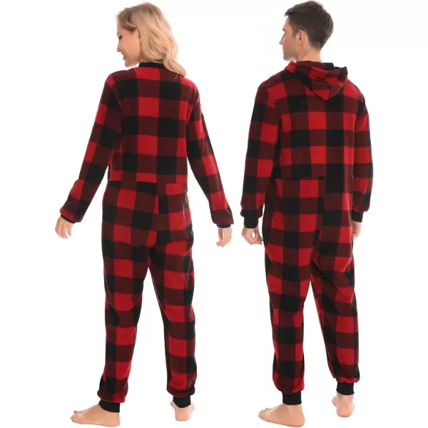 SWOMOG Matching Family Christmas One Piece Pajamas Fleece Onepiece ParentChild Zipup Jumpsuit with Pockets PjsKids Black and Red Plaid