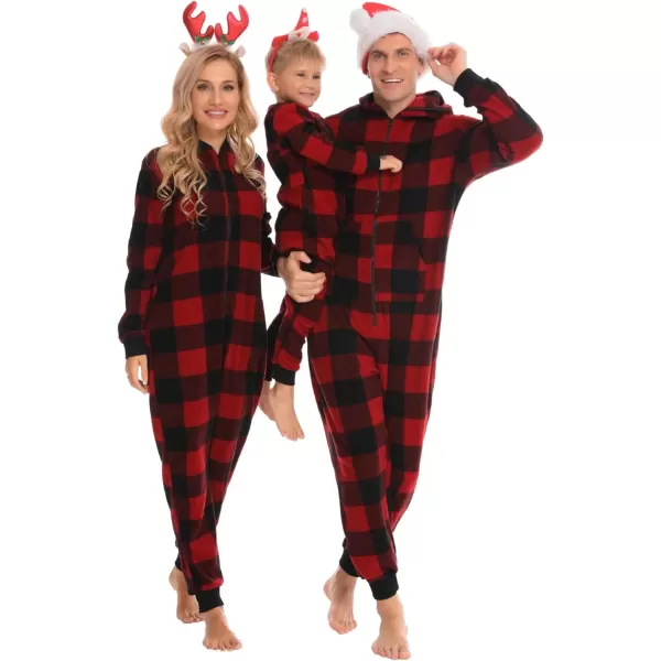 SWOMOG Matching Family Christmas One Piece Pajamas Fleece Onepiece ParentChild Zipup Jumpsuit with Pockets PjsKids Black and Red Plaid