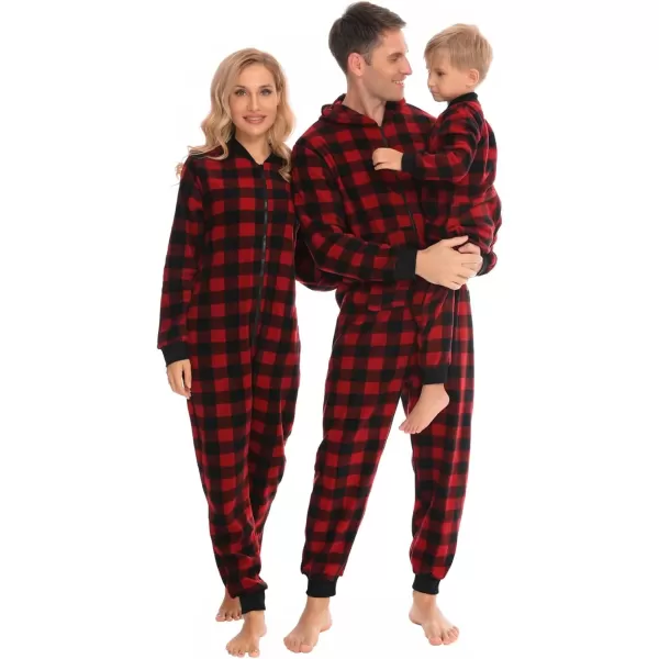 SWOMOG Matching Family Christmas One Piece Pajamas Fleece Onepiece ParentChild Zipup Jumpsuit with Pockets PjsKids Red