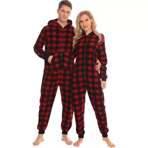 SWOMOG Matching Family Christmas One Piece Pajamas Fleece Onepiece ParentChild Zipup Jumpsuit with Pockets PjsKids Red