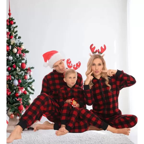 SWOMOG Matching Family Christmas One Piece Pajamas Fleece Onepiece ParentChild Zipup Jumpsuit with Pockets PjsKids Red