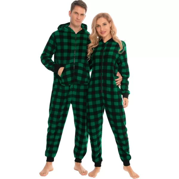 SWOMOG Matching Family Christmas One Piece Pajamas Fleece Onepiece ParentChild Zipup Jumpsuit with Pockets PjsKids Small Plaid Black and Green