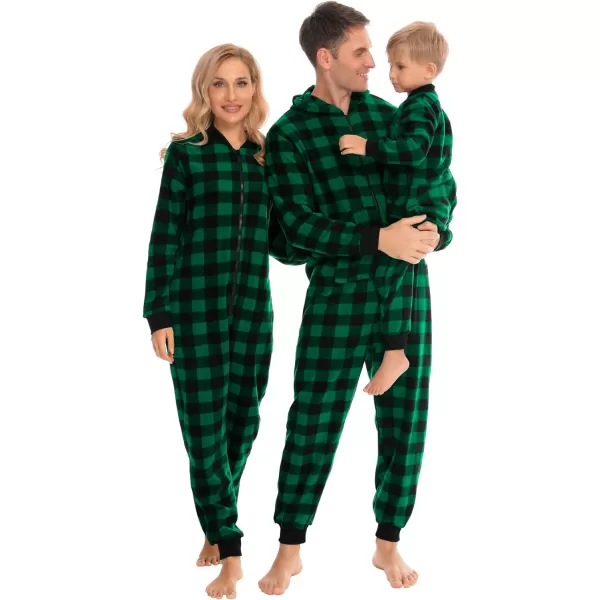 SWOMOG Matching Family Christmas One Piece Pajamas Fleece Onepiece ParentChild Zipup Jumpsuit with Pockets PjsKids Small Plaid Black and Green