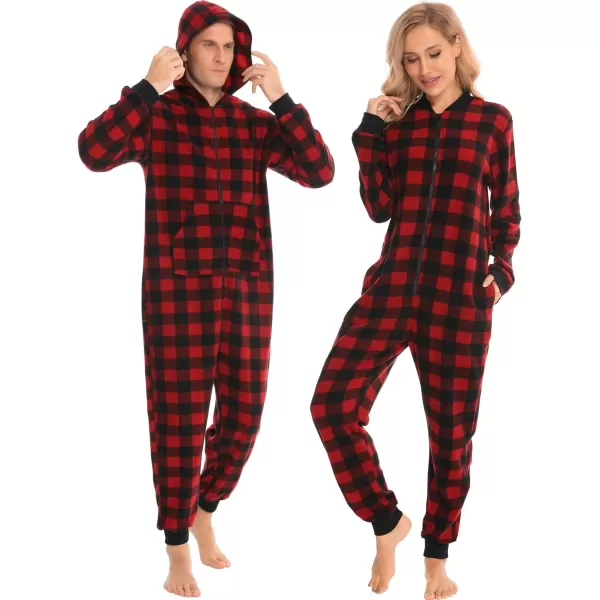 SWOMOG Matching Family Christmas One Piece Pajamas Fleece Onepiece ParentChild Zipup Jumpsuit with Pockets PjsMen Red