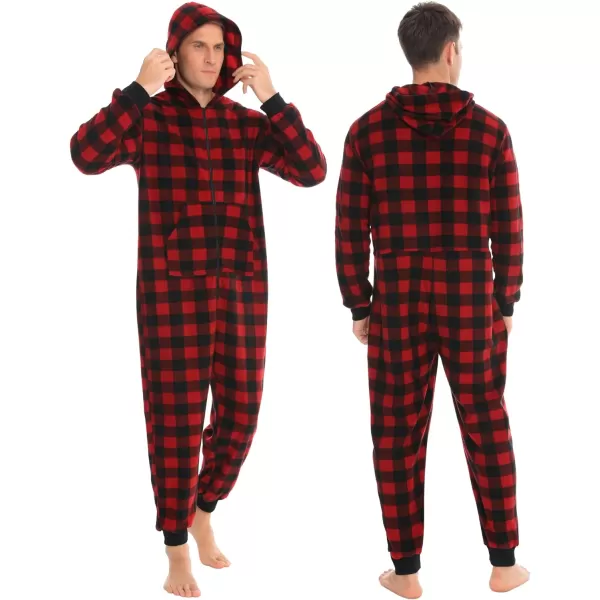 SWOMOG Matching Family Christmas One Piece Pajamas Fleece Onepiece ParentChild Zipup Jumpsuit with Pockets PjsMen Red