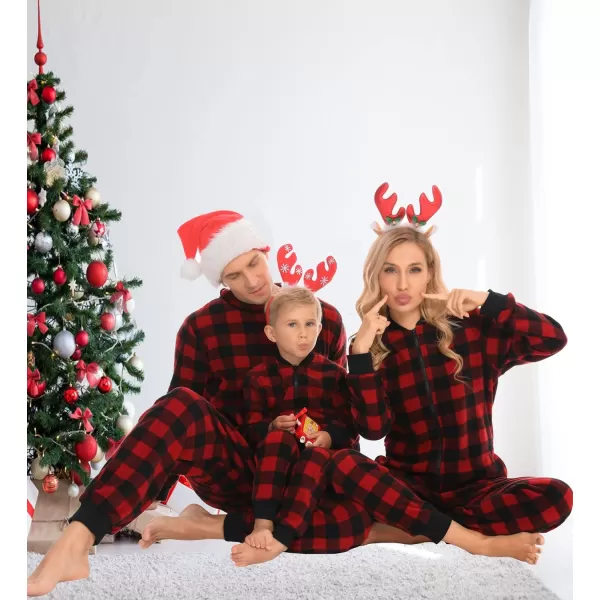 SWOMOG Matching Family Christmas One Piece Pajamas Fleece Onepiece ParentChild Zipup Jumpsuit with Pockets PjsMen Red