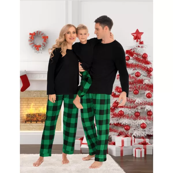 SWOMOG Matching Family Christmas Pajamas Printed Long Sleeve Tee and Plaid Pants LoungewearKids Black and Green Plaid