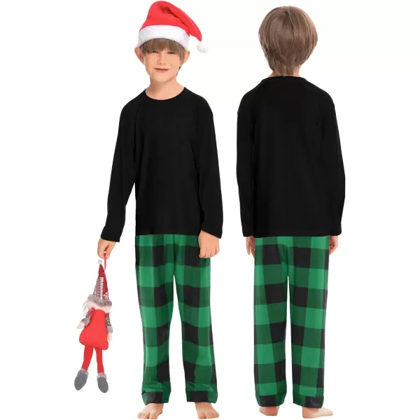 SWOMOG Matching Family Christmas Pajamas Printed Long Sleeve Tee and Plaid Pants LoungewearKids Black and Green Plaid