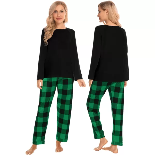 SWOMOG Matching Family Christmas Pajamas Printed Long Sleeve Tee and Plaid Pants LoungewearKids Black and Green Plaid