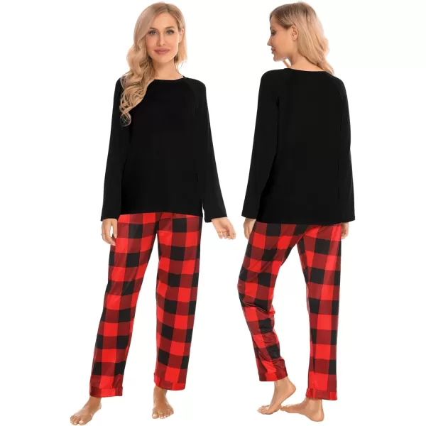 SWOMOG Matching Family Christmas Pajamas Printed Long Sleeve Tee and Plaid Pants LoungewearKids Black and Red Plaid