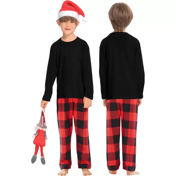 SWOMOG Matching Family Christmas Pajamas Printed Long Sleeve Tee and Plaid Pants LoungewearKids Black and Red Plaid