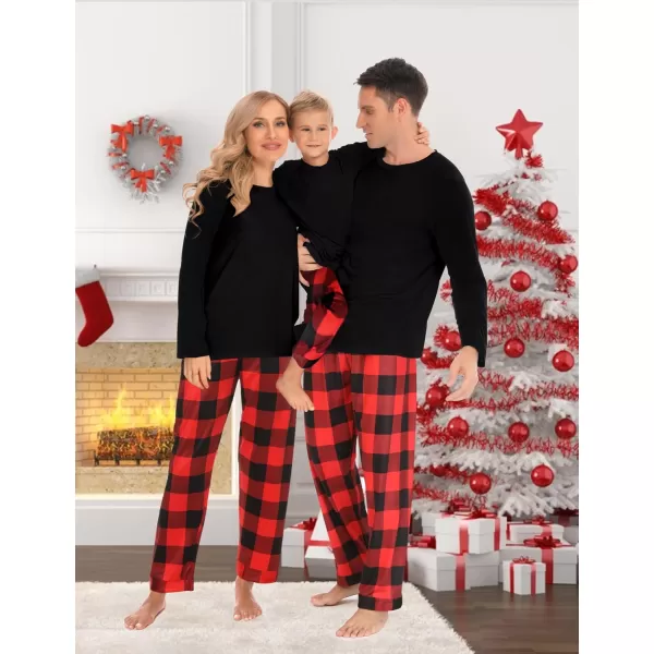 SWOMOG Matching Family Christmas Pajamas Printed Long Sleeve Tee and Plaid Pants LoungewearKids Black and Red Plaid