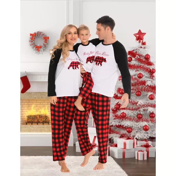 SWOMOG Matching Family Christmas Pajamas Printed Long Sleeve Tee and Plaid Pants LoungewearKids Christmas Bear