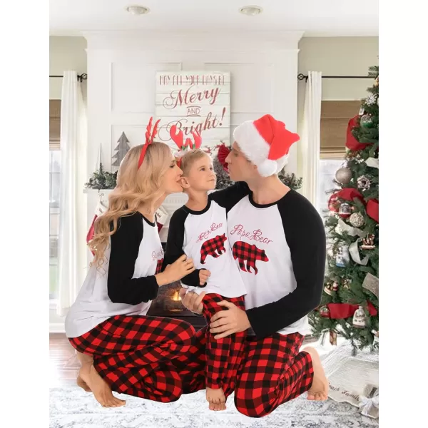 SWOMOG Matching Family Christmas Pajamas Printed Long Sleeve Tee and Plaid Pants LoungewearKids Christmas Bear