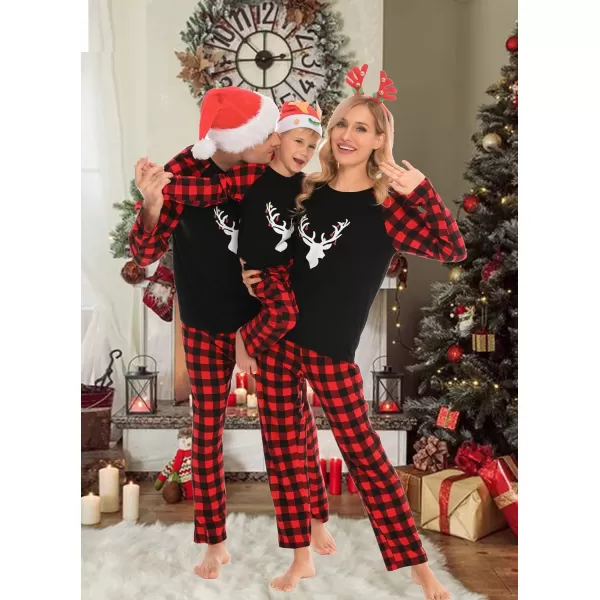 SWOMOG Matching Family Christmas Pajamas Printed Long Sleeve Tee and Plaid Pants LoungewearKids Christmas Classical Deers