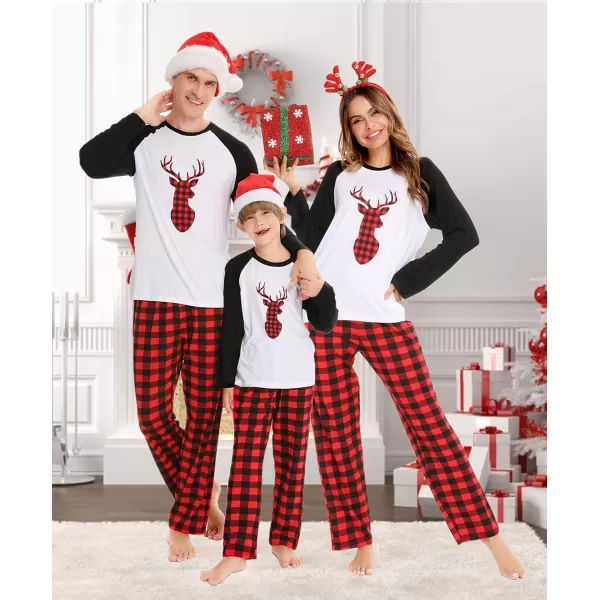 SWOMOG Matching Family Christmas Pajamas Printed Long Sleeve Tee and Plaid Pants LoungewearKids Christmas Deer