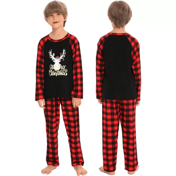 SWOMOG Matching Family Christmas Pajamas Printed Long Sleeve Tee and Plaid Pants LoungewearKids Gold Letter Deer