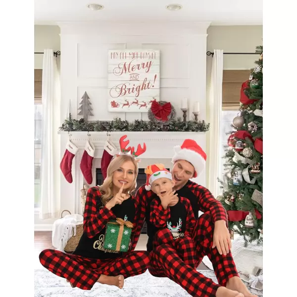 SWOMOG Matching Family Christmas Pajamas Printed Long Sleeve Tee and Plaid Pants LoungewearKids Gold Letter Deer