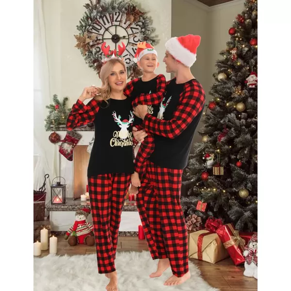 SWOMOG Matching Family Christmas Pajamas Printed Long Sleeve Tee and Plaid Pants LoungewearKids Gold Letter Deer