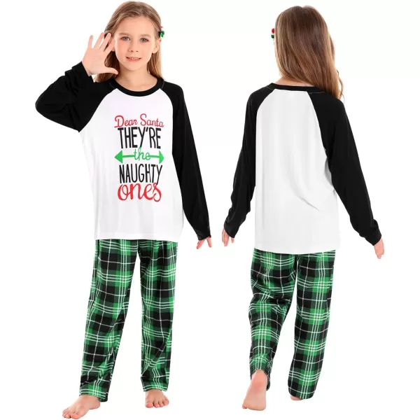 SWOMOG Matching Family Christmas Pajamas Printed Long Sleeve Tee and Plaid Pants LoungewearKids Green Letter