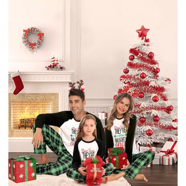 SWOMOG Matching Family Christmas Pajamas Printed Long Sleeve Tee and Plaid Pants LoungewearKids Green Letter