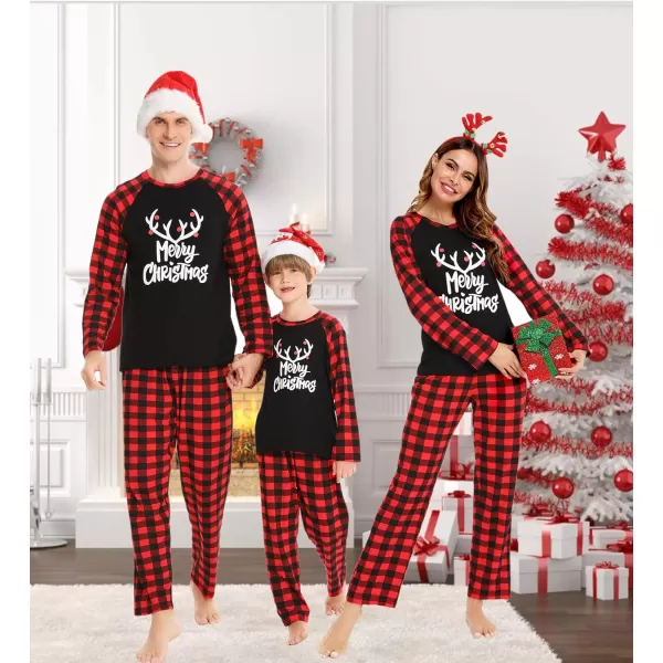 SWOMOG Matching Family Christmas Pajamas Printed Long Sleeve Tee and Plaid Pants LoungewearKids Letter Deer