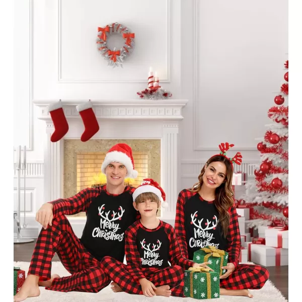 SWOMOG Matching Family Christmas Pajamas Printed Long Sleeve Tee and Plaid Pants LoungewearKids Letter Deer