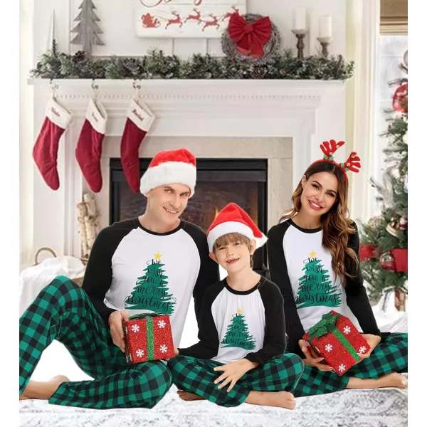 SWOMOG Matching Family Christmas Pajamas Printed Long Sleeve Tee and Plaid Pants LoungewearKids Letter Tree