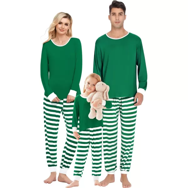 SWOMOG Matching Family Christmas Pajamas Printed Long Sleeve Tee and Plaid Pants LoungewearKids Z Green Striped