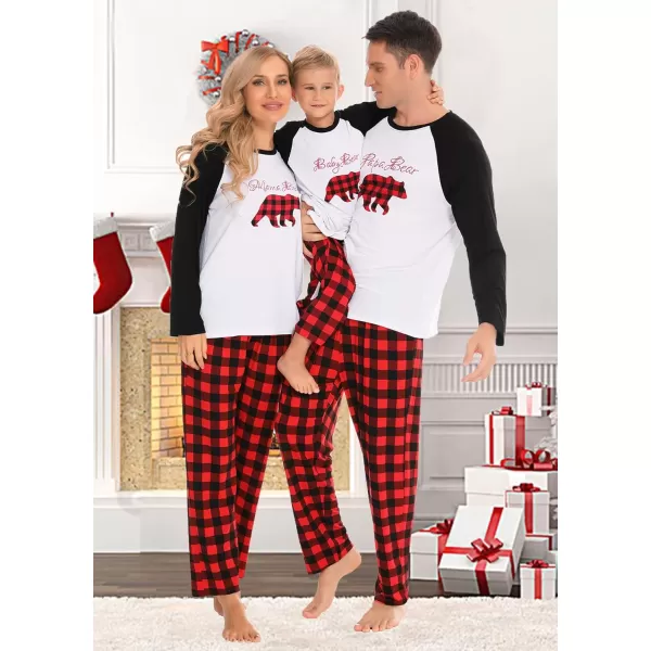 SWOMOG Matching Family Christmas Pajamas Printed Long Sleeve Tee and Plaid Pants LoungewearWomen Christmas Bear