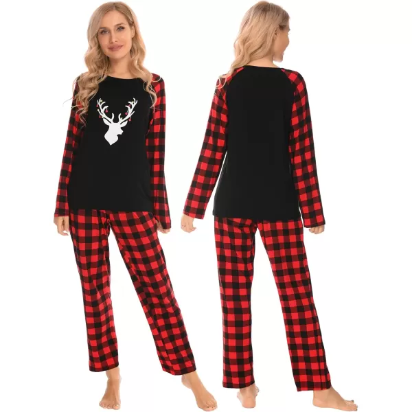 SWOMOG Matching Family Christmas Pajamas Printed Long Sleeve Tee and Plaid Pants LoungewearWomen Christmas Classical Deers